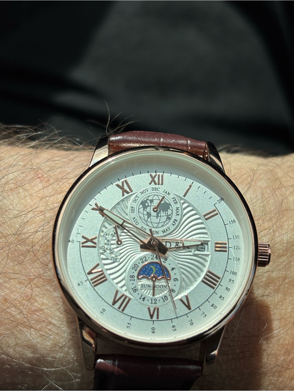 Classic Men's Rose Gold and Brown Multi-Function Dress Watch